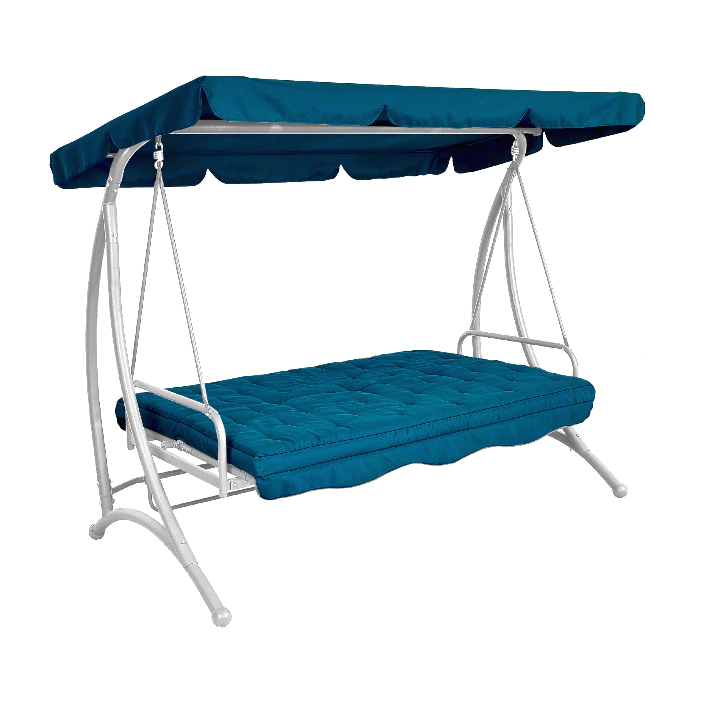 DONDOLO MALAGA 3 POSTI CM.220X105X170H. CUSCINI IN TESSUTO COLORE BLU E STRUTTURA IN METALLO VERNICIATO BIANCO