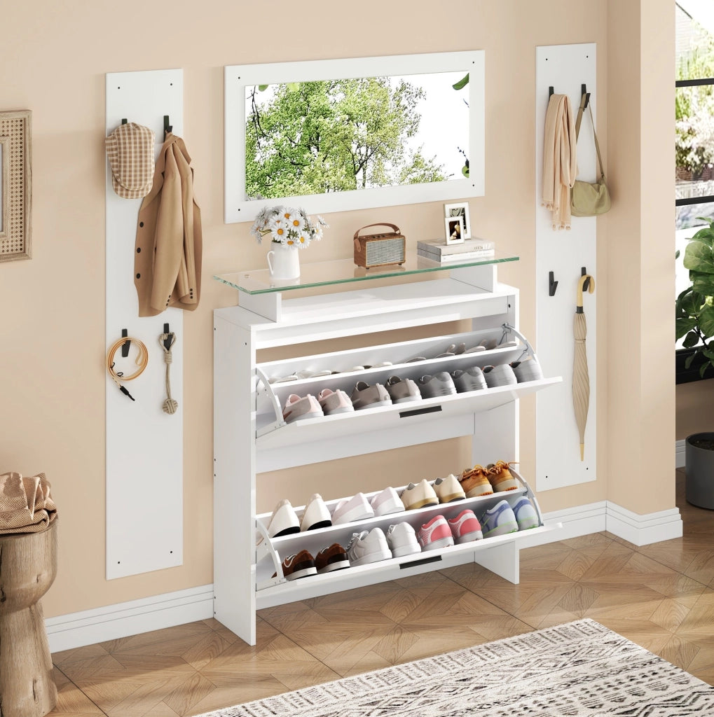 Set guardaroba da ingresso 4 pezzi bianco con scarpiera e specchio