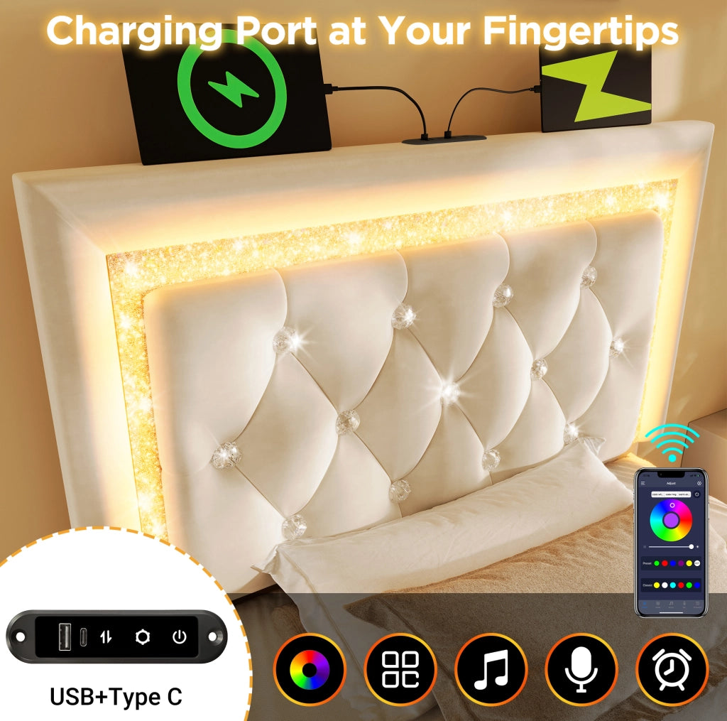 Letto singolo imbottito ULEVR 90x200 cm con contenitore idraulico, LED, USB e Type-C, velluto beige