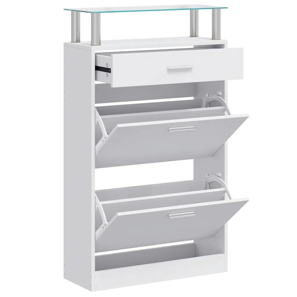 Scarpiera con Cassetto e Mensola Vetro Sopra in Legno Bianco 241244