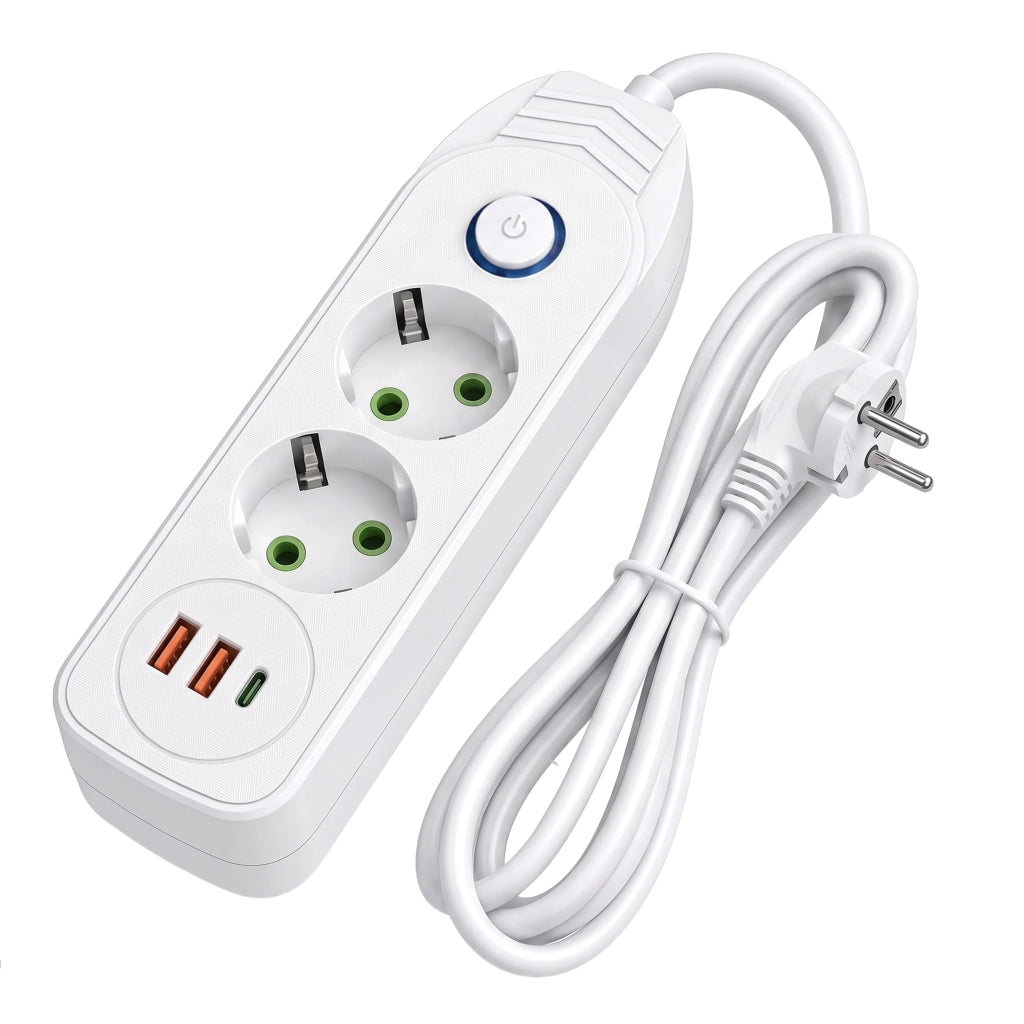 Multipresa Con Prolunga, 2 Prese + 2 Porte Usb-a + Usb-c Jnh024-3b White