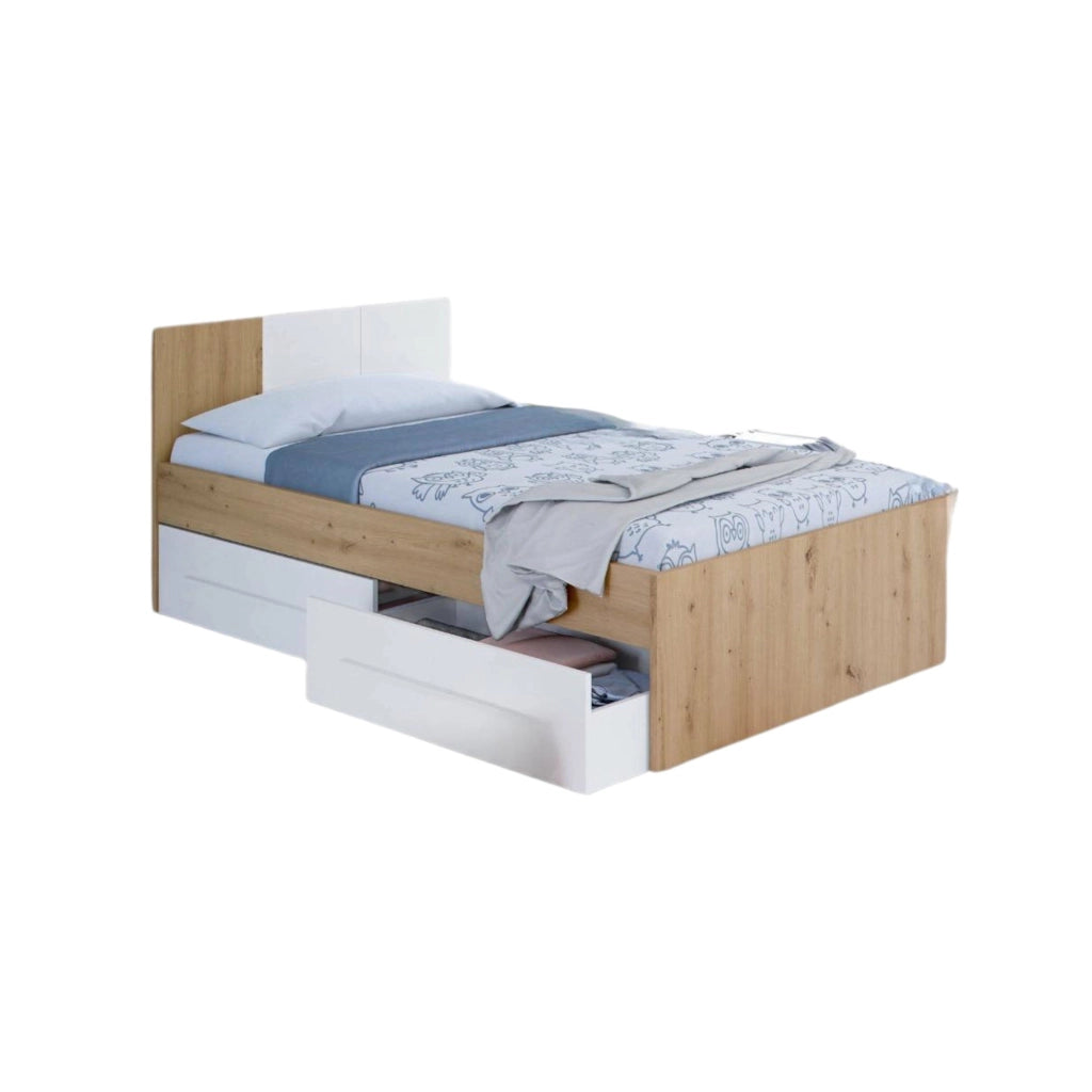 Letto singolo Azalia, Letto singolo contenitore con testiera, Struttura per letto con 2 cassettoni per camera da letto, cm 196x97h41, Rovere nodi e Bianco