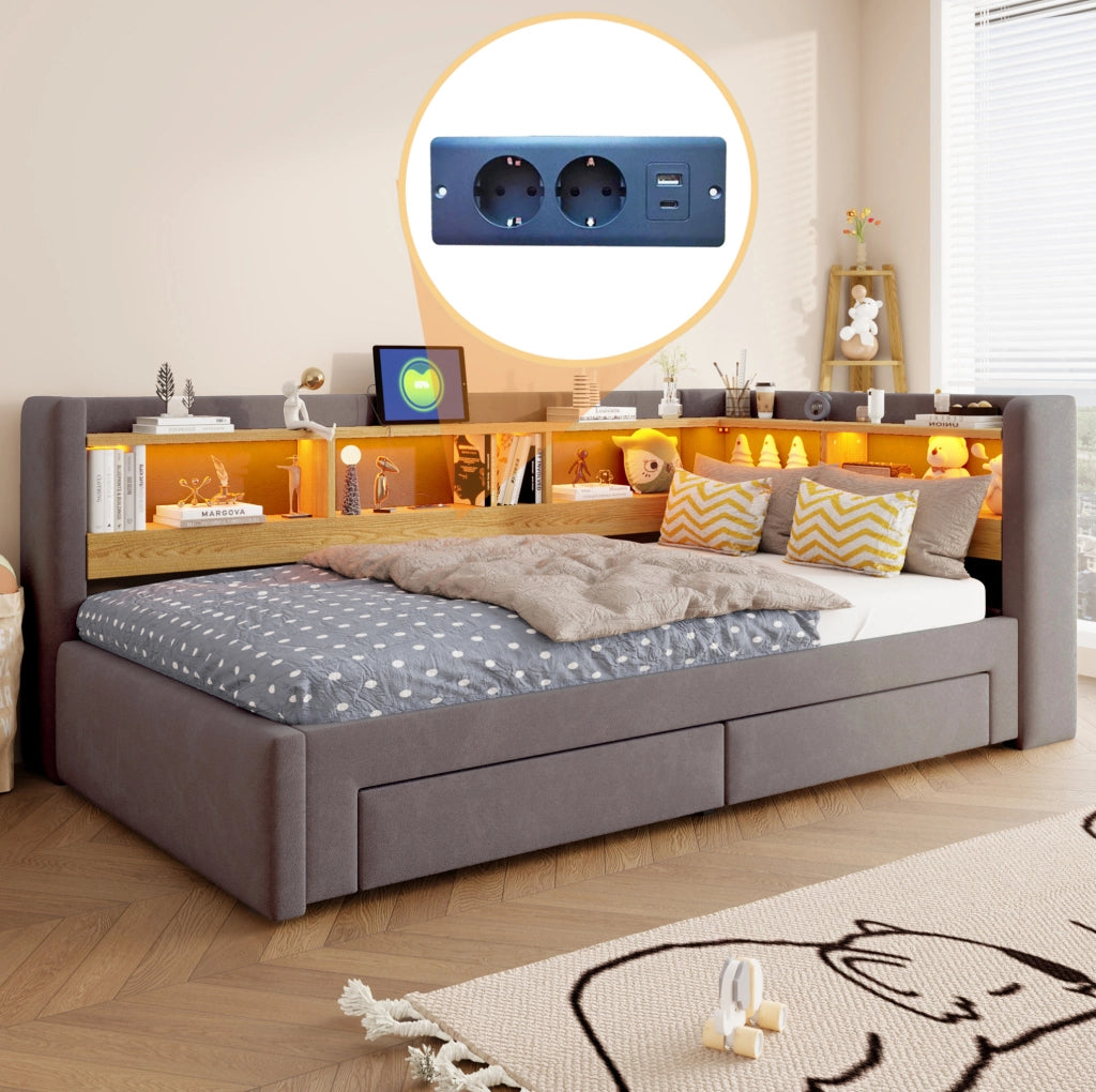 Divano letto estraibile 3 in 1 90x200 cm con cassetti; LED e presa; grigio