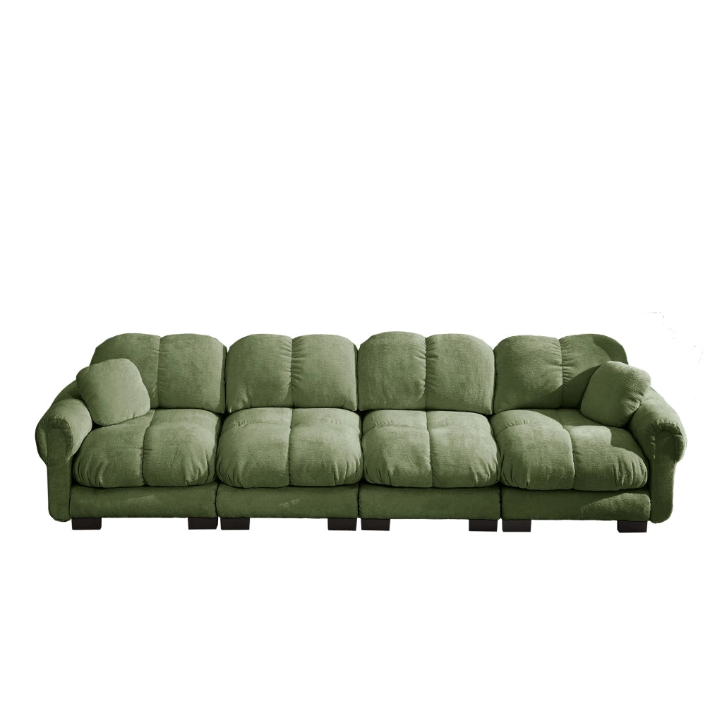 Divano modulare in chenille verde con braccioli curvi e cuscini trapuntati 330x86x90 cm