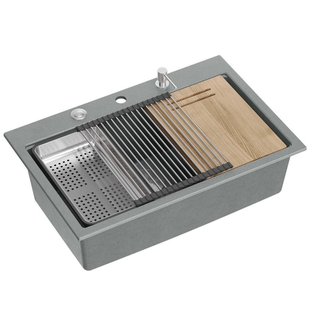 Lavello In Granito Marc 110 Workstation Grey Metallic Tappo oro