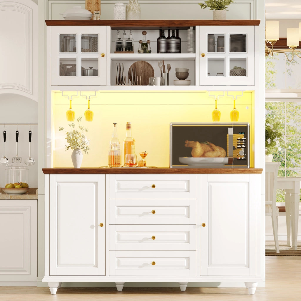 Credenza alta con LED RGB, ripiani regolabili e 4 cassetti, per cucina e soggiorno, in MDF, bianco, 140 × 40 × 179,5 cm