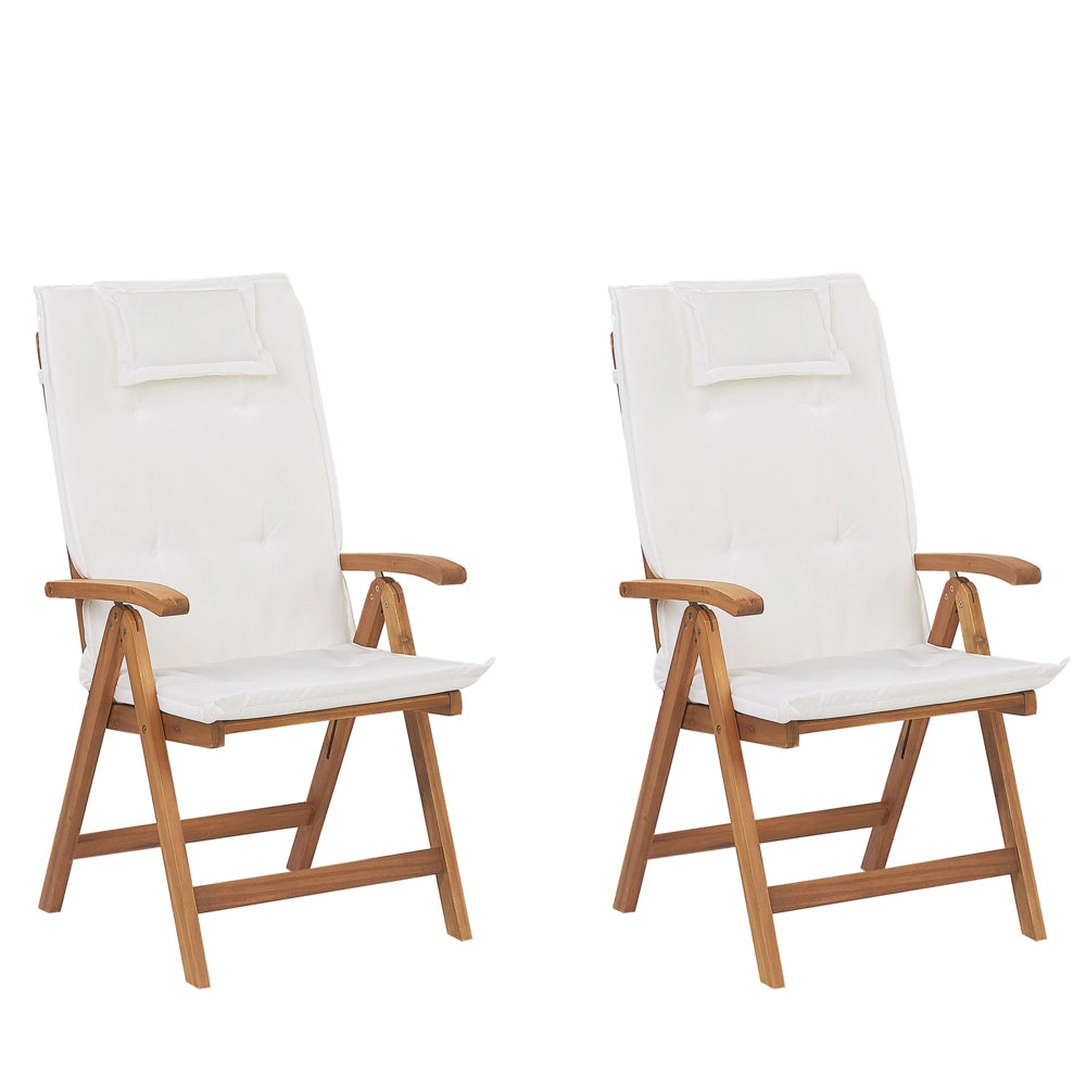 Set di 2 sedie da giardino in legno di acacia chiaro con cuscini bianco sporco pieghevole in stile rustico resistente ai raggi UV