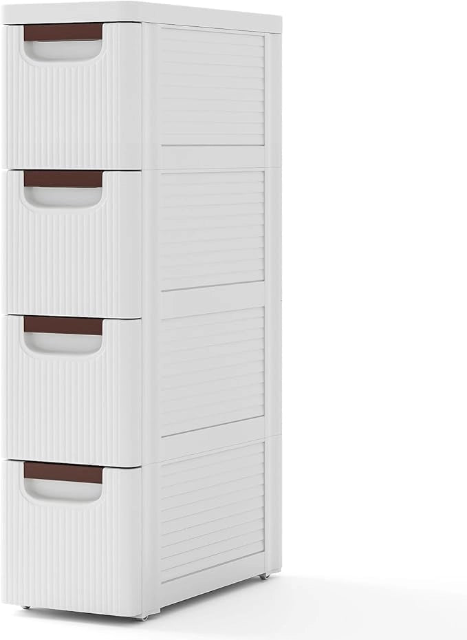 Mobile Bagno con 4 Cassetti, Mobiletto Bagno Salvaspazio con Ruote, Cassettiera in PP per Soggiorno, Bagno e Cucina, 42 x 19 x 74 cm