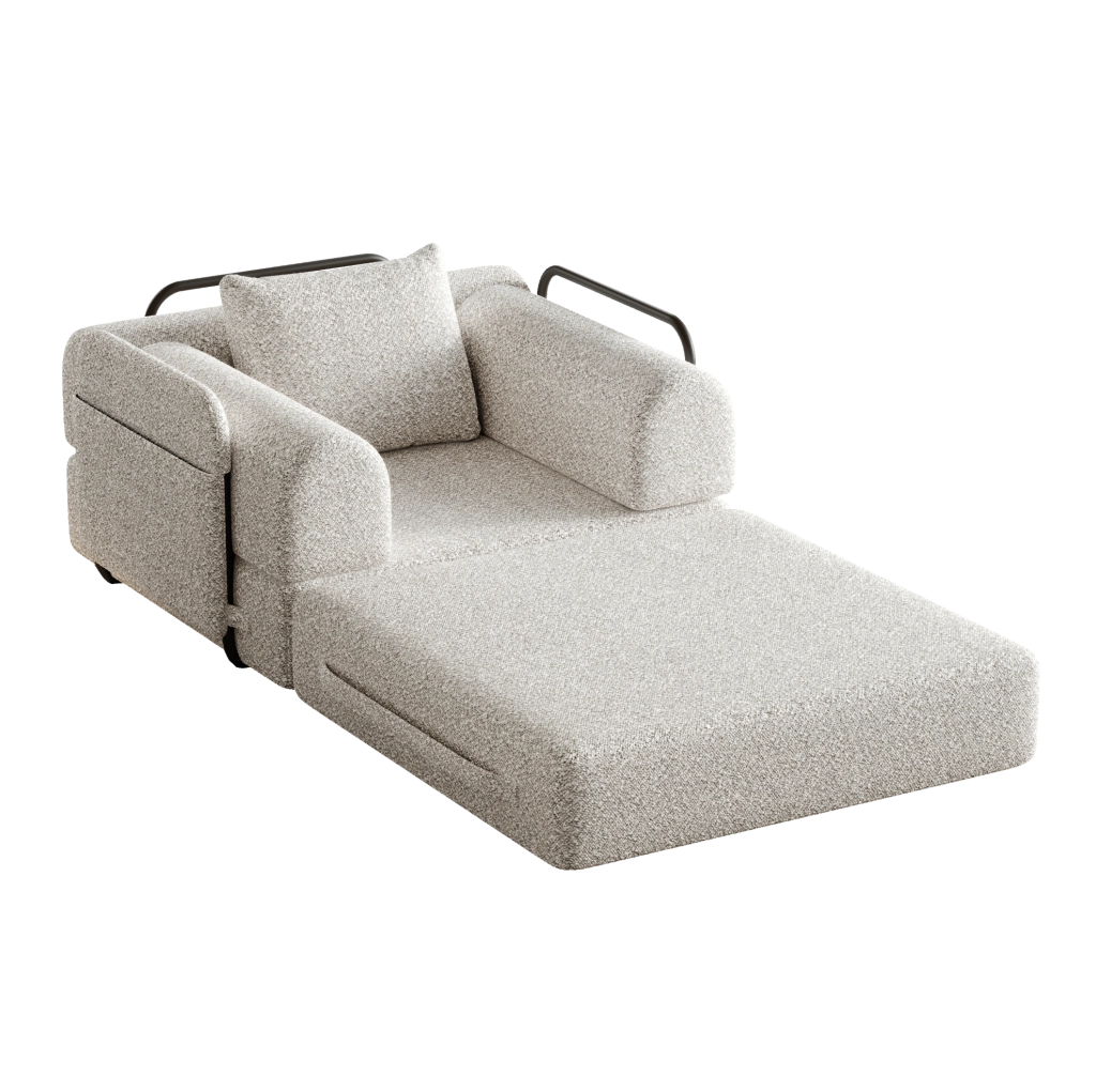 Poltrona letto 2 in 1 in ciniglia khaki con vano portaoggetti nel bracciolo
