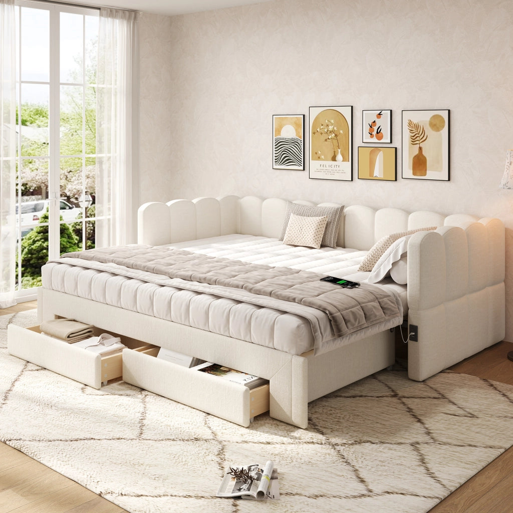 Divano letto con letto estraibile e cassetti, 90x200 cm, lino beige