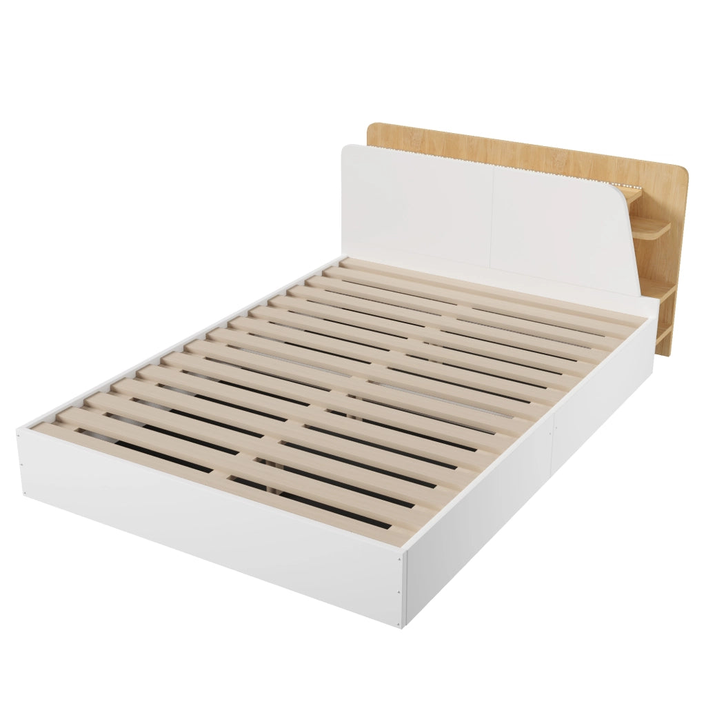 Letto pannello 140x200 cm con contenitore idraulico, porta USB e USB-C, illuminazione LED, bianco e naturale