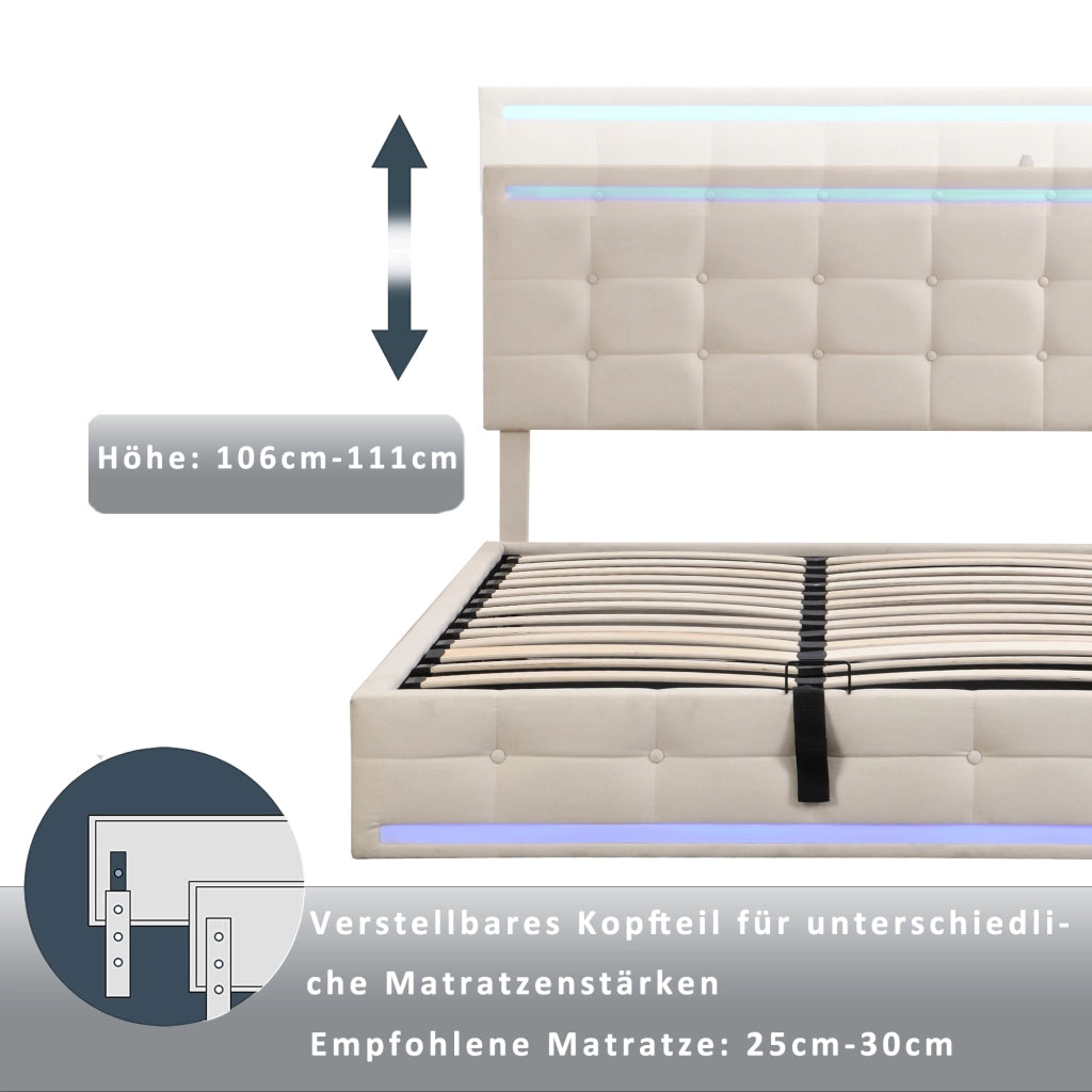 Letto matrimoniale imbottito LED 140 x 200 cm con contenitore e USB beige