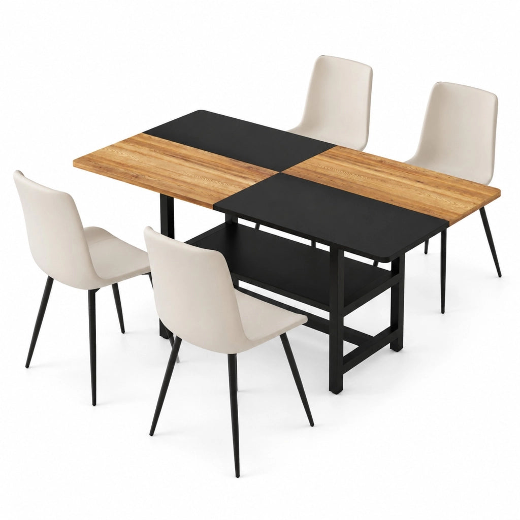 Tavolo da pranzo rettangolare con ripiano integrato e 4 sedie, MDF e metallo, per cucina e sala da pranzo, 160 cm