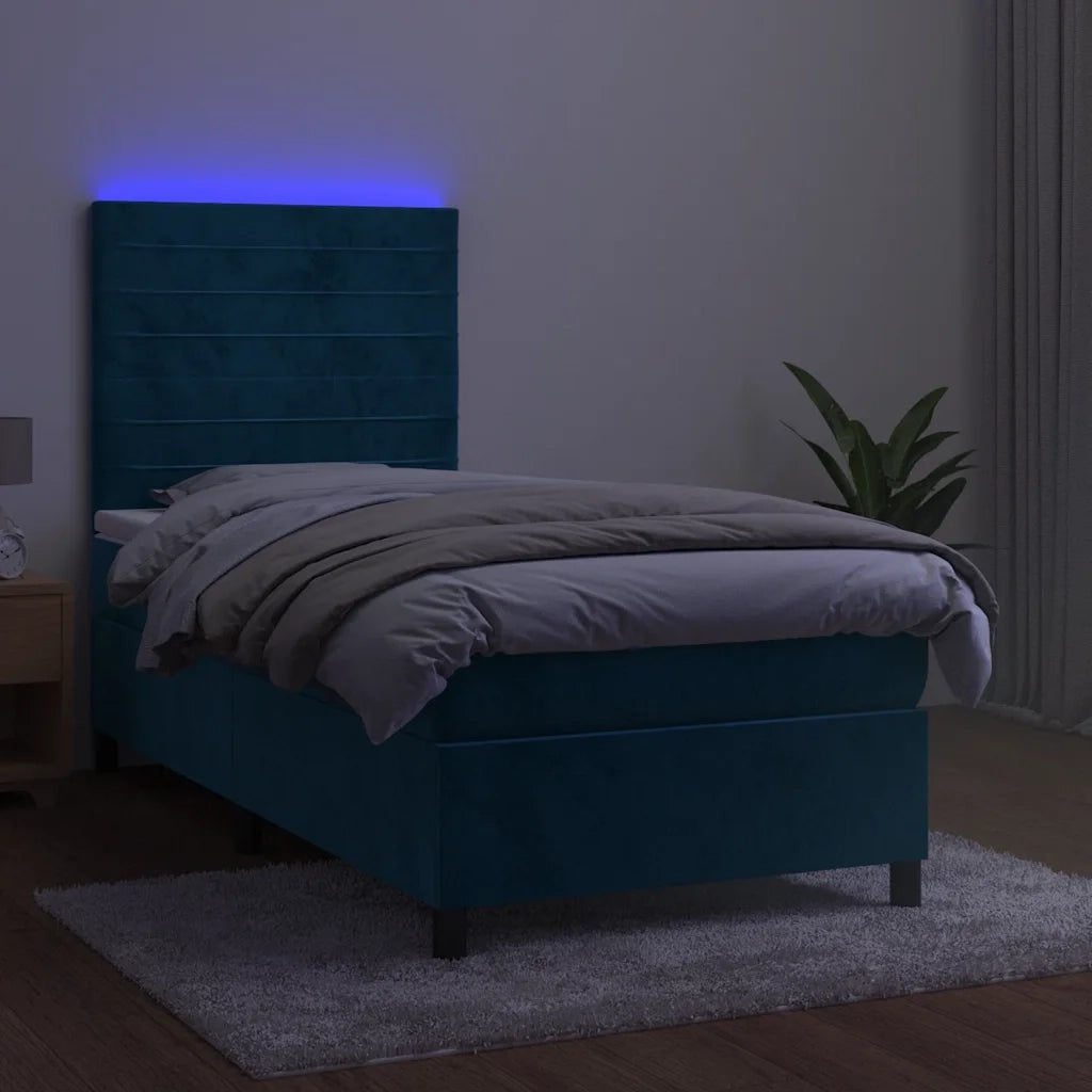 Letto a Molle con Materasso e LED Blu Scuro 90x200cm in Velluto