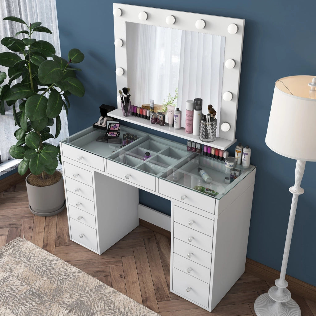 Comodino "Baria" con specchio in legno - 120 x 44 x 80 cm - Bianco
