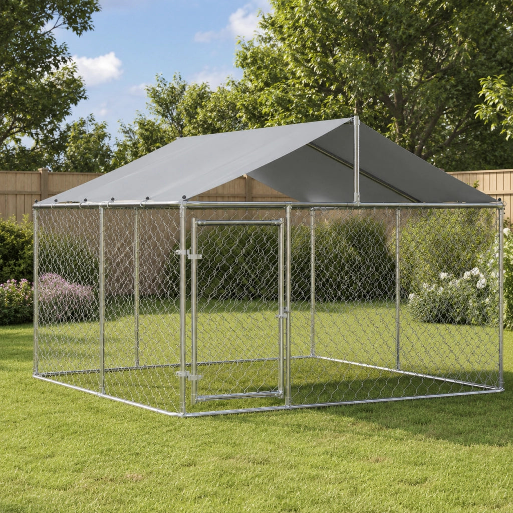 Recinto per cani 230x230x117 cm con tetto; struttura robusta in acciaio zincato; argento