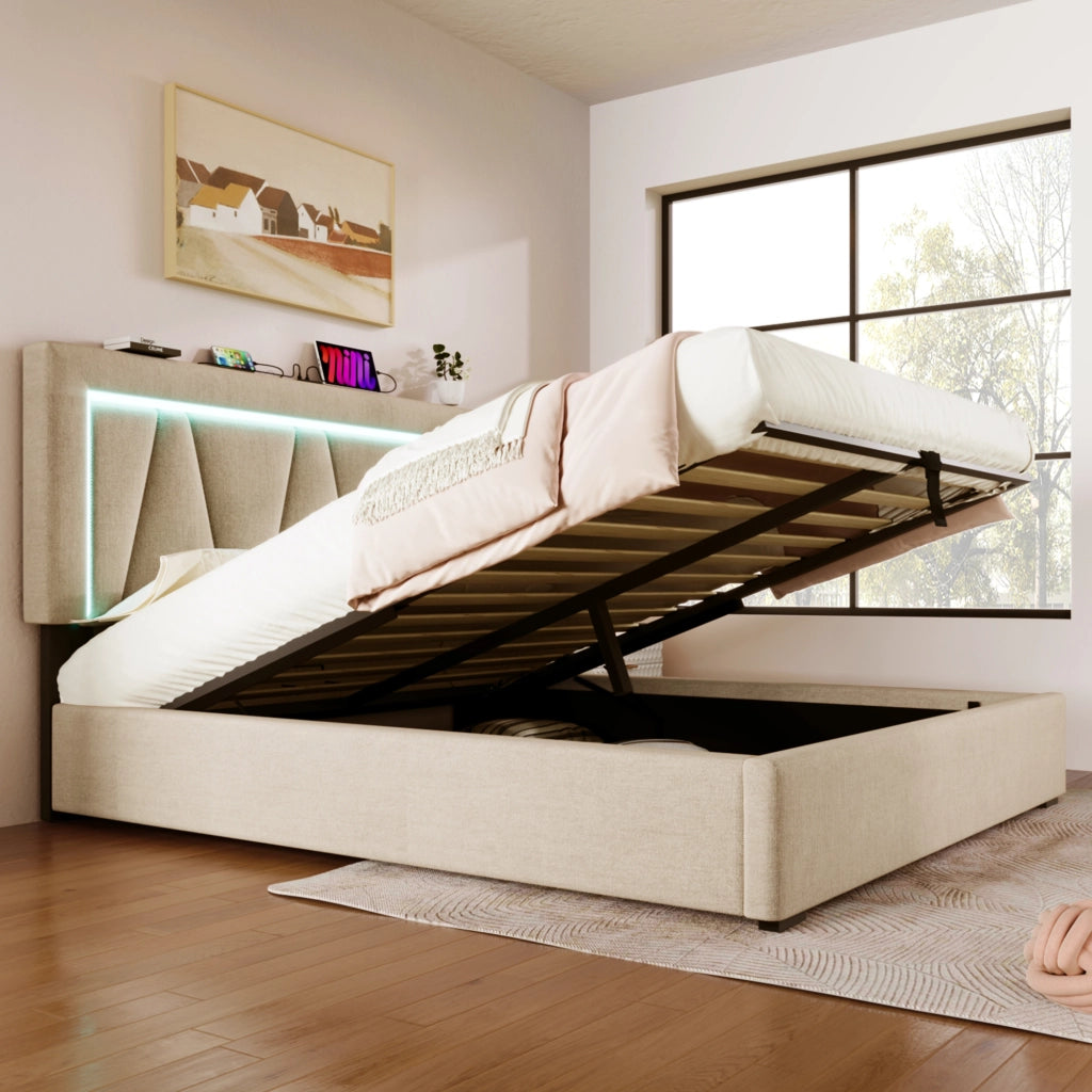 Letto matrimoniale imbottito 160x200 con LED, USB Tipo C, contenitore e materasso incluso