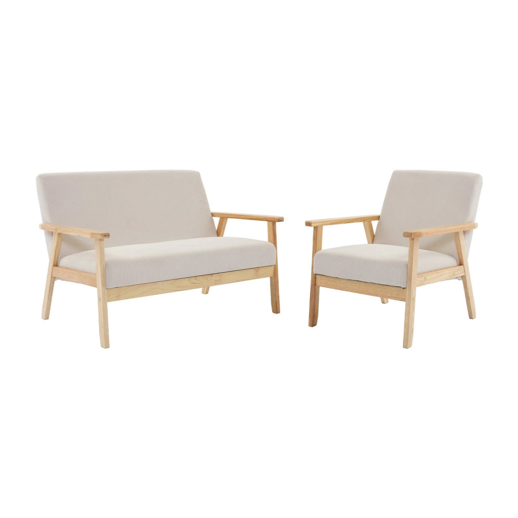 Set panca e poltrona in velluto a coste, 3 posti, crema