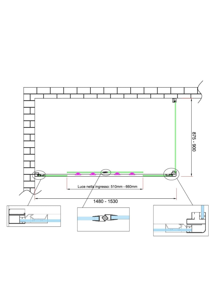 Box doccia 6 mm H 190 parete fissa e porta a 4 ante con apertura centrale MISURA 87,5-90 ANTA FISSA + PORTA 148-153