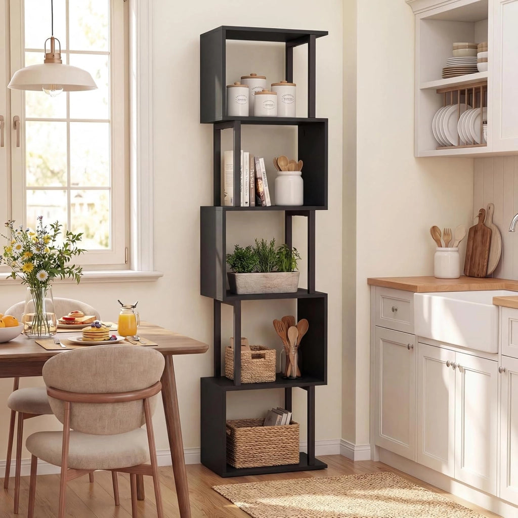 Libreria a 5 Livelli in Legno, Scaffale Espositore Geometrico con Struttura in Metallo, Mobile Portaoggetti Salvaspazio per Camera da Letto Soggiorno Ufficio, 38x23x147 cm (Nero)