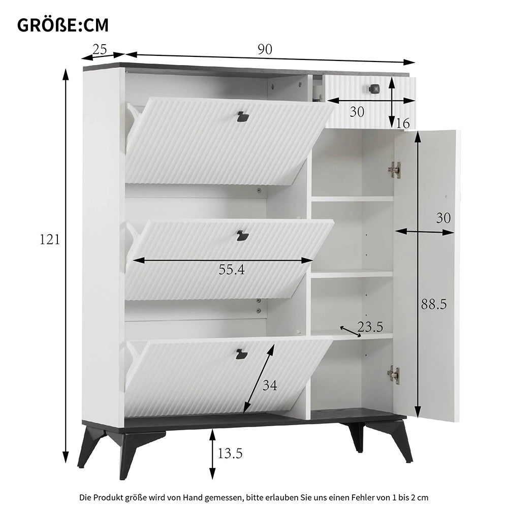 Armadio per scarpe con 3 ante - Xylo - 121x90x25 cm - Bianco - 1 cassetto e 1 porta
