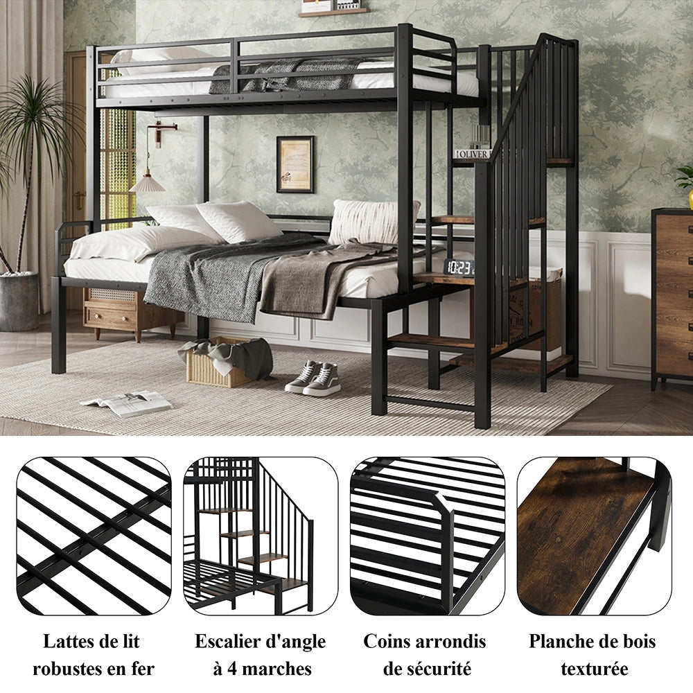 Letto a Castello Ferro – Xylo – 90x200 e 120x200cm, Scala Angolare con Ripostiglio, Nero/Legno Vintage