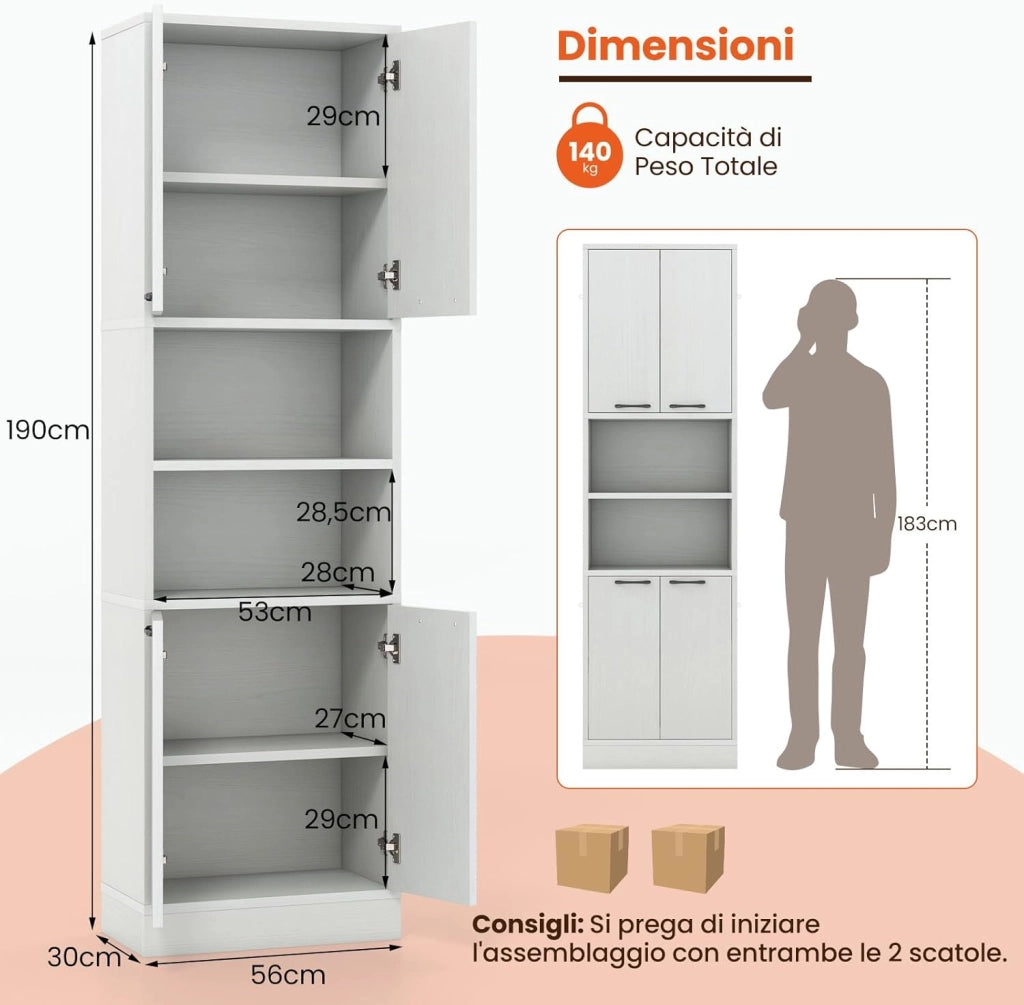 Credenza da Cucina, Mobile Buffet Alto con 2 Armadi a Doppia Porta e 2 Mensole Aperte, per Soggiorno, Cucina e Sala da Pranzo, 56 x 30 x 190 cm (Quercia Bianca)