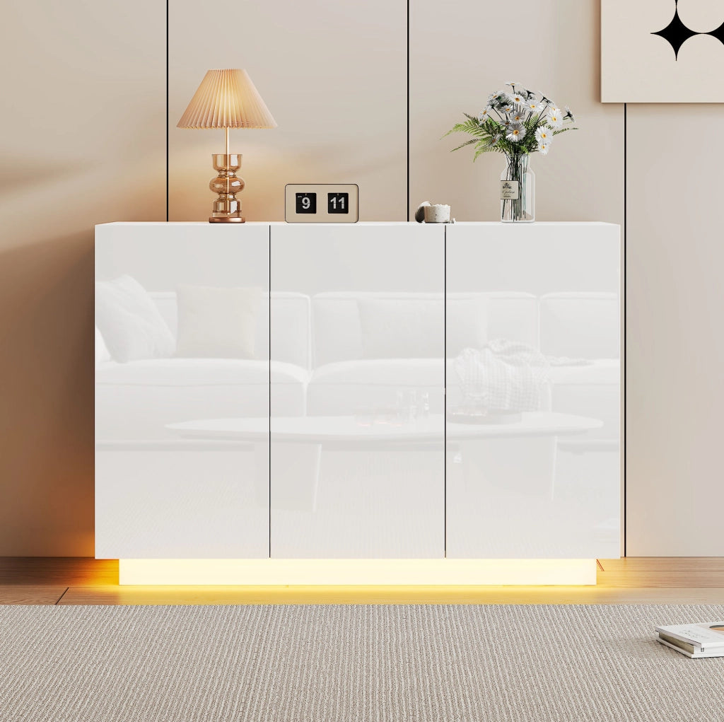 Credenza bianca lucida con luce LED, 120 x 40 x 75 cm