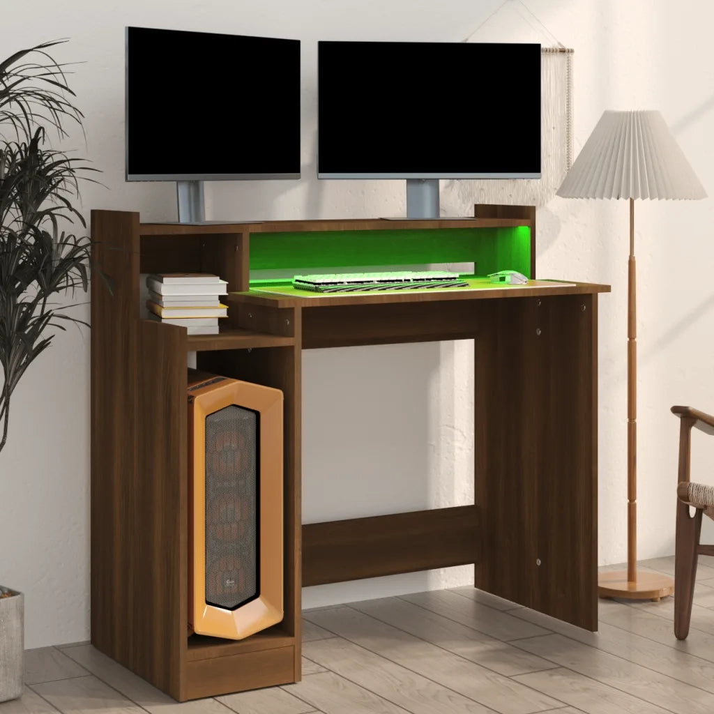 Scrivania con Luci LED Marrone Rovere 97x45x90cm in Multistrato 820477