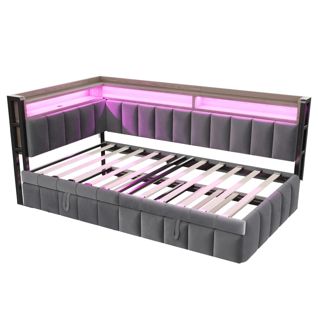 Letto estraibile singolo 90×200 cm con LED; ripiani; USB e Type-C; senza materasso; tessuto; grigio scuro