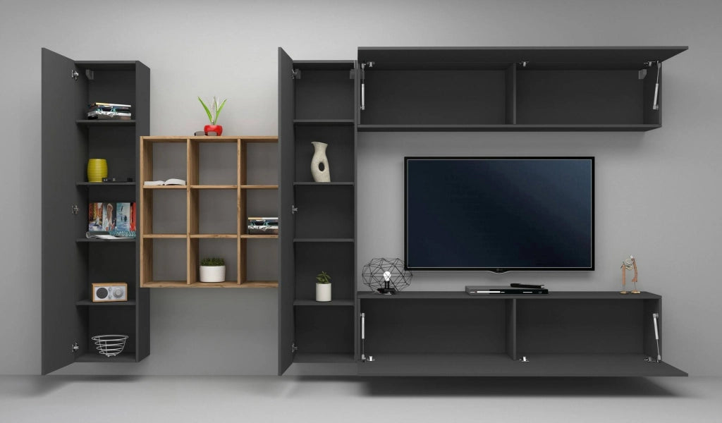 Parete attrezzata Agira, Set salotto porta TV a 4 ante, Mobile soggiorno multiuso, 100% Made in Italy, cm 350x30h180, Antracite