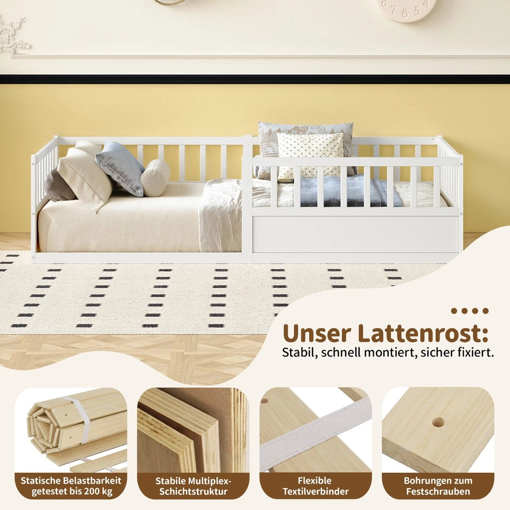 Letto Montessori per Bambini in Pino ¨C MINIMAL ¨C 90x200 Bianco, Rete a Doghe, Sponda