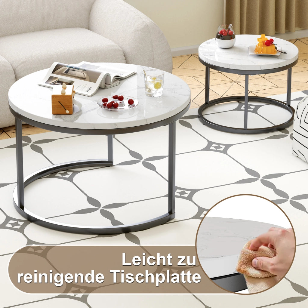 TAVOLINI DA CAFFÈ Set 2 Pezzi 70x70x45 cm Effetto Marmo Bianco con Struttura Nera