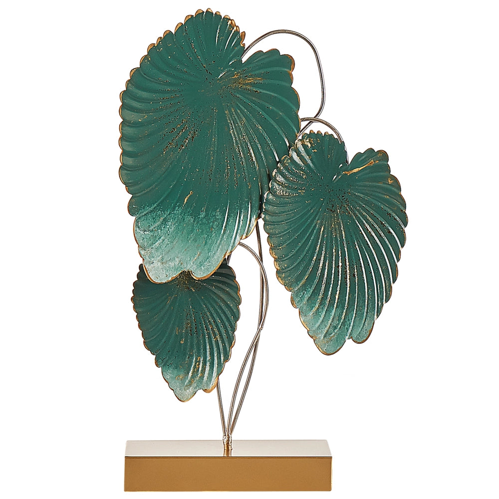 Statuetta decorativa Statua in ferro dorato e verde acqua 44 cm con foglie su supporto scultura ornamentale Decor Accessori