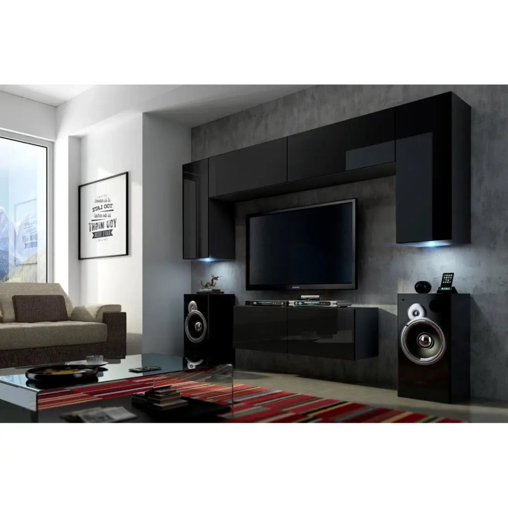Set di mobili da soggiorno neri sospesi collezione CEPTO II 256cm, 6 porte, 4 ripiani, led, modulari.
