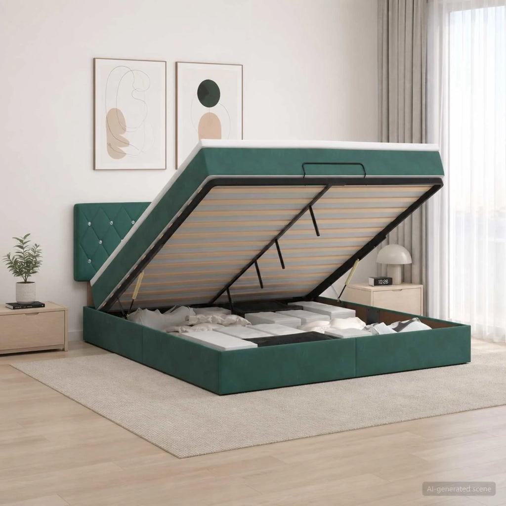 Letto Ottomano con Materasso e LED Verde Scuro 180 x 200 cm 3457086