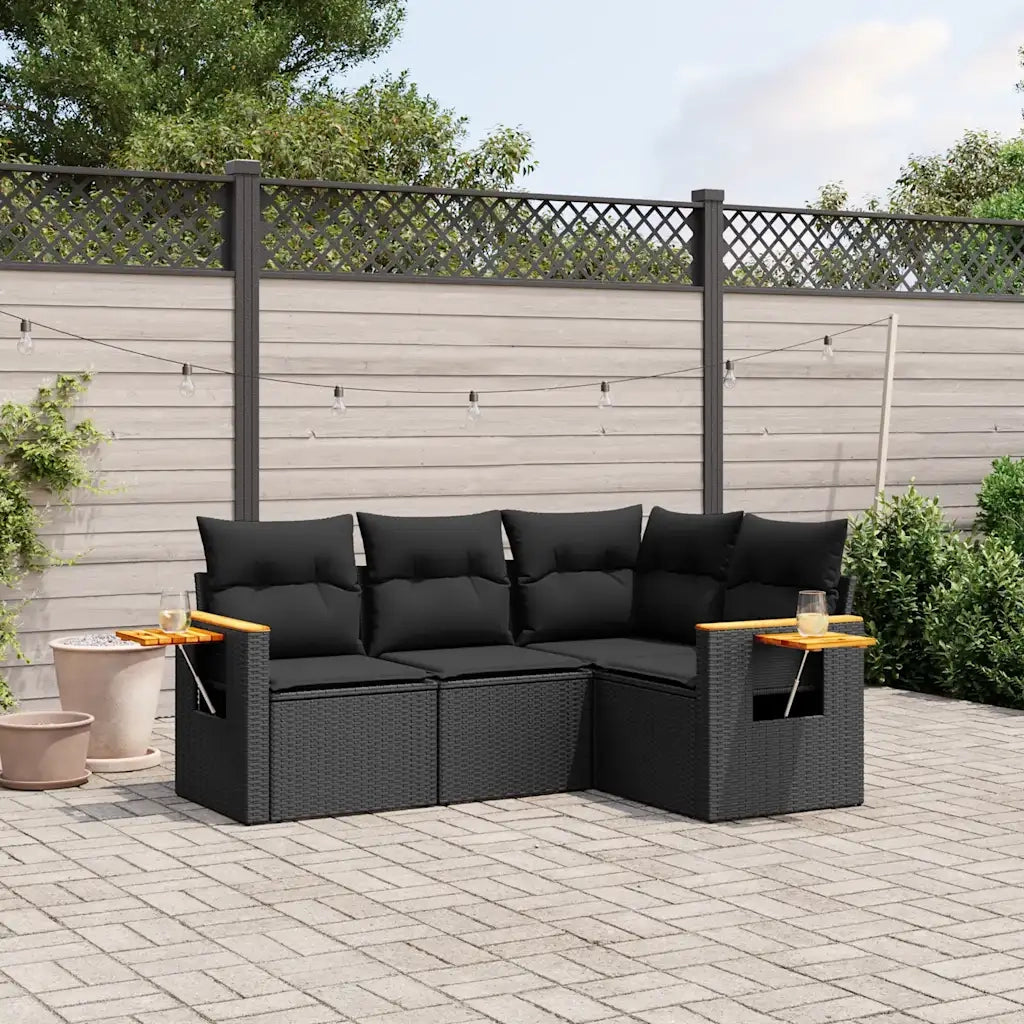 Set Divani da Giardino 4 pz | Set Salotto da Giardino con Cuscini Nero in Polyrattan