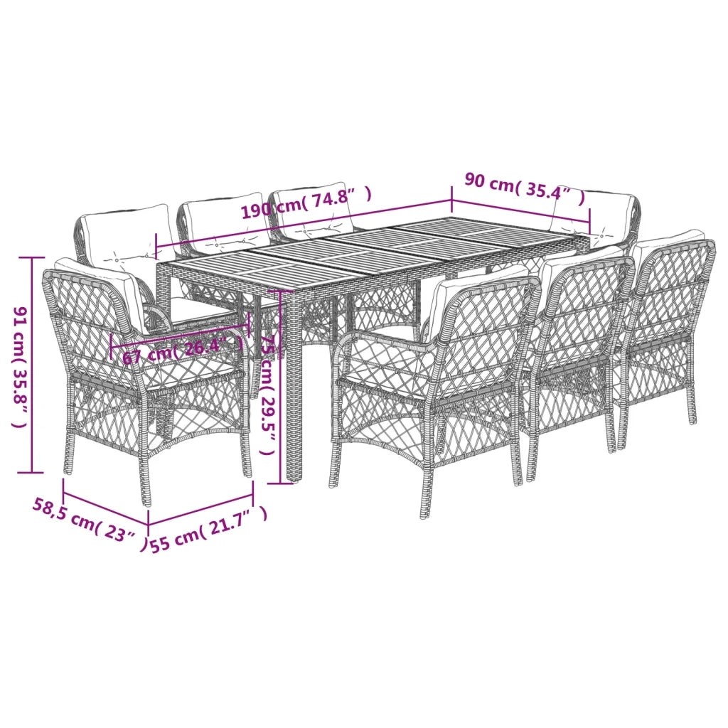 Set da Pranzo da Giardino 9 pz con Cuscini Nero in Polyrattan