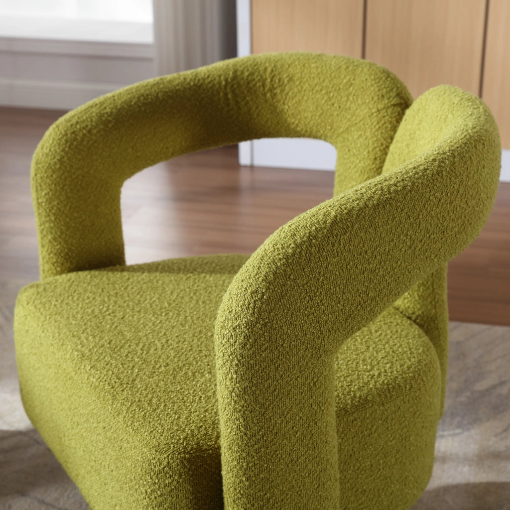 Poltrona girevole 360° in bouclé verde oliva, seduta imbottita con base metallica, per soggiorno e camera da letto