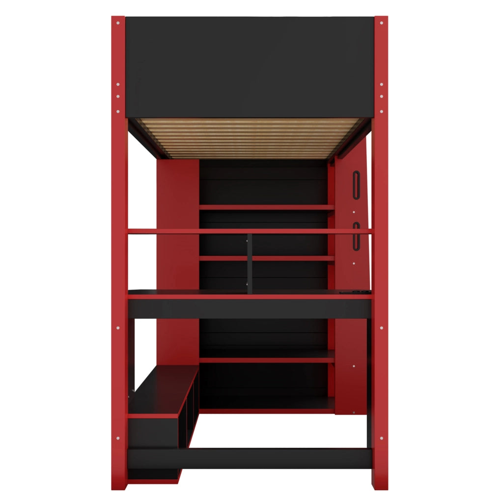 Letto a soppalco 90x200 cm con scrivania; LED; scaffalatura e vano contenitore; nero e rosso