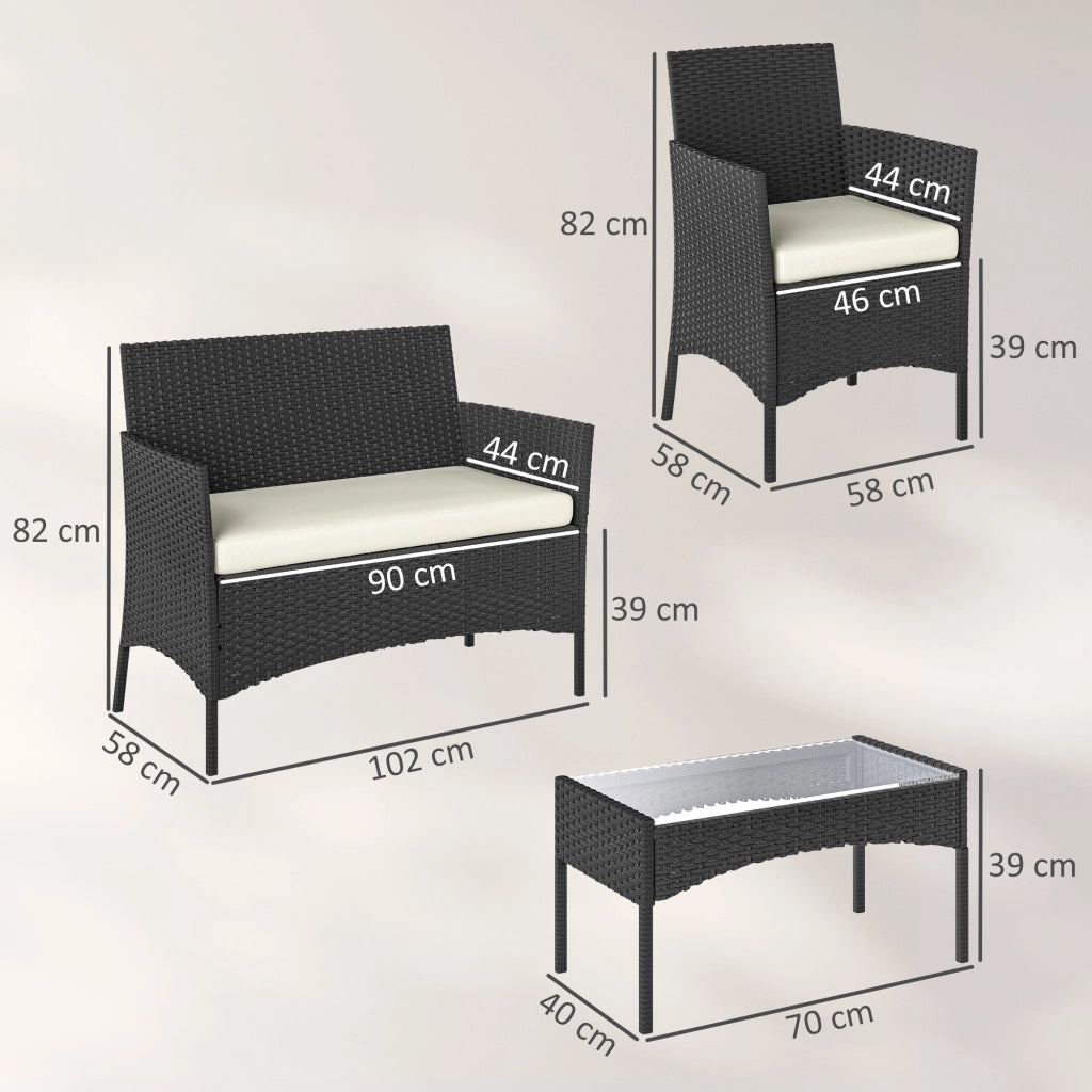 Set Divano Giardino in Polyrattan con Tavolino Vetro e Cuscini ¨C Zephmum ¨C Nero e Crema