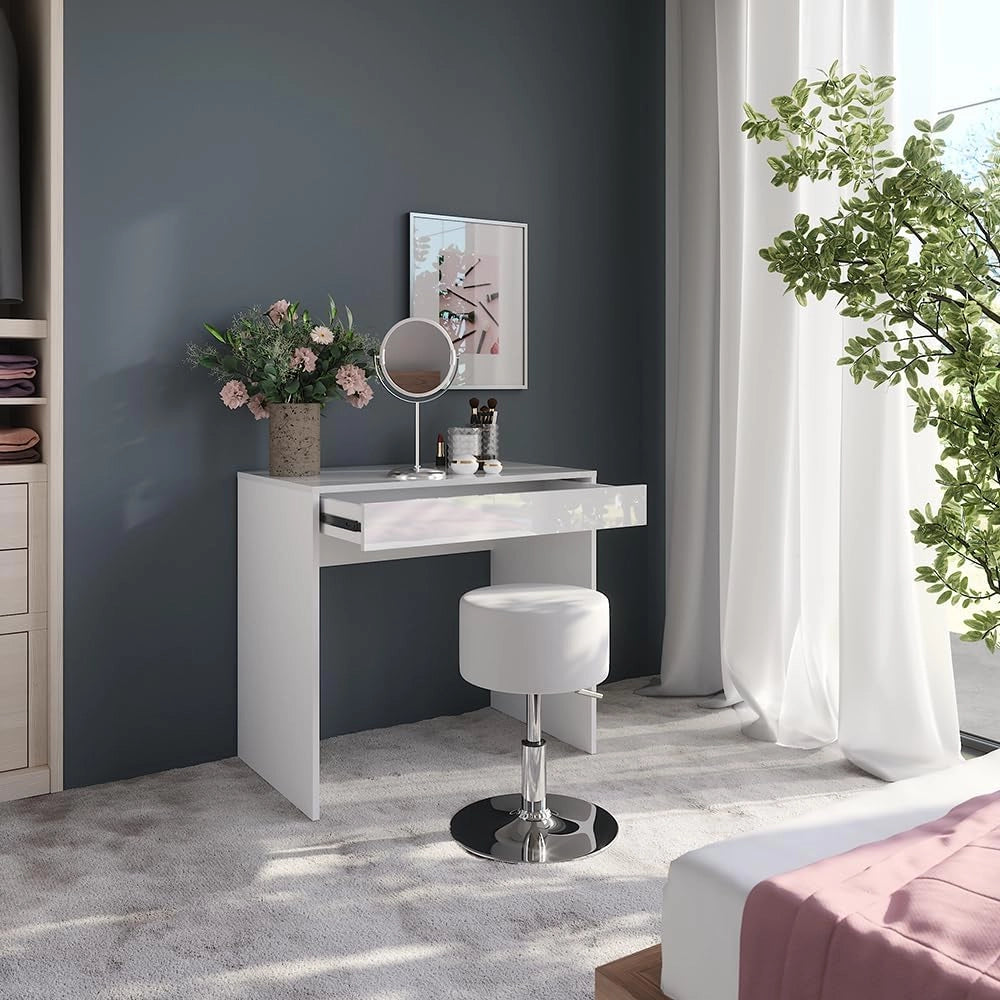 Tavolo da toeletta Sherry, Bianco/bianco lucido, 81.4 cm con sgabello