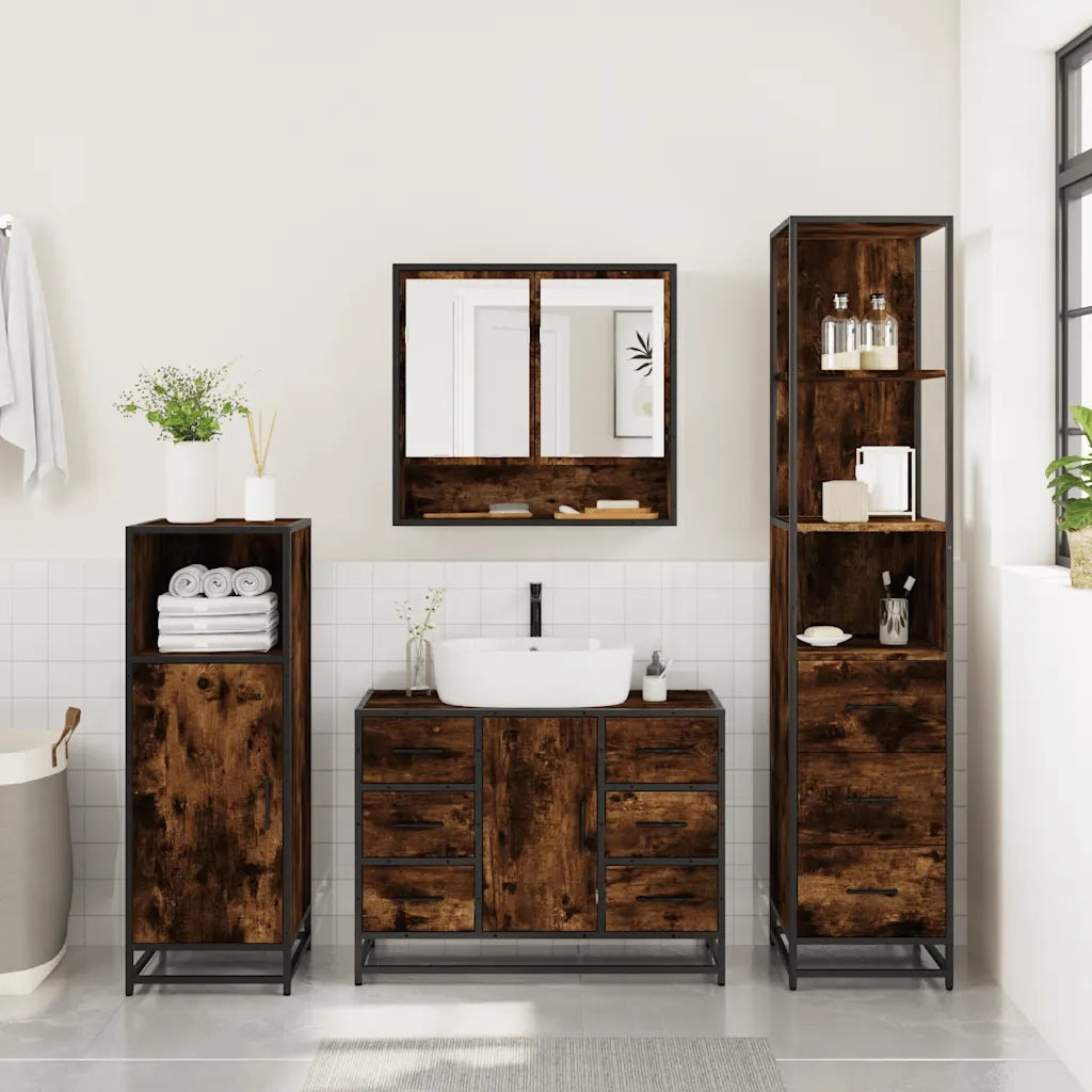Set Mobili da Bagno 3 pz Rovere Fumo in Legno Multistrato 3301172