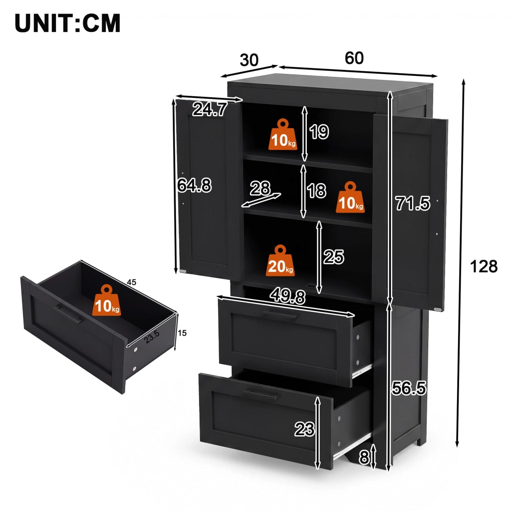 Credenza con 2 cassetti e ripiani regolabili - per cucina e soggiorno - in MDF - 60x30x128 cm - nero