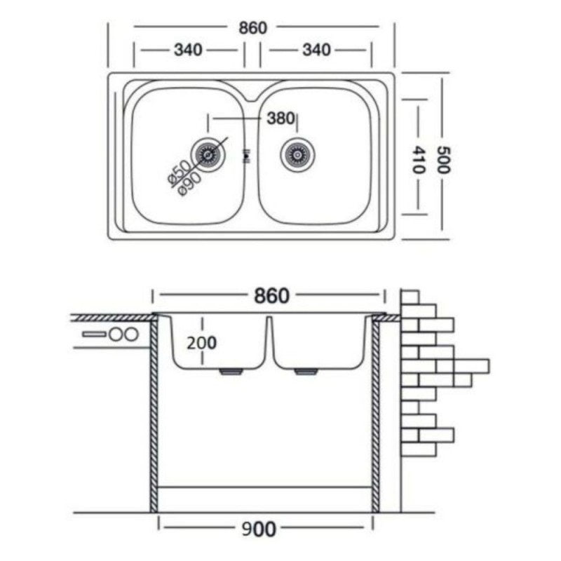 LAVELLO INOX INCASSO 86X50CM 2 VASCHE STAMPATO CON