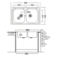 LAVELLO INOX INCASSO 86X50CM 2 VASCHE STAMPATO CON