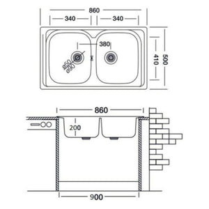 LAVELLO INOX INCASSO 86X50CM 2 VASCHE STAMPATO CON