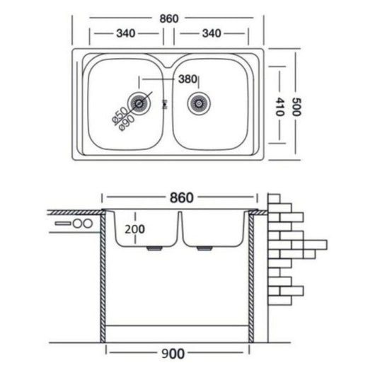 LAVELLO INOX INCASSO 86X50CM 2 VASCHE STAMPATO CON