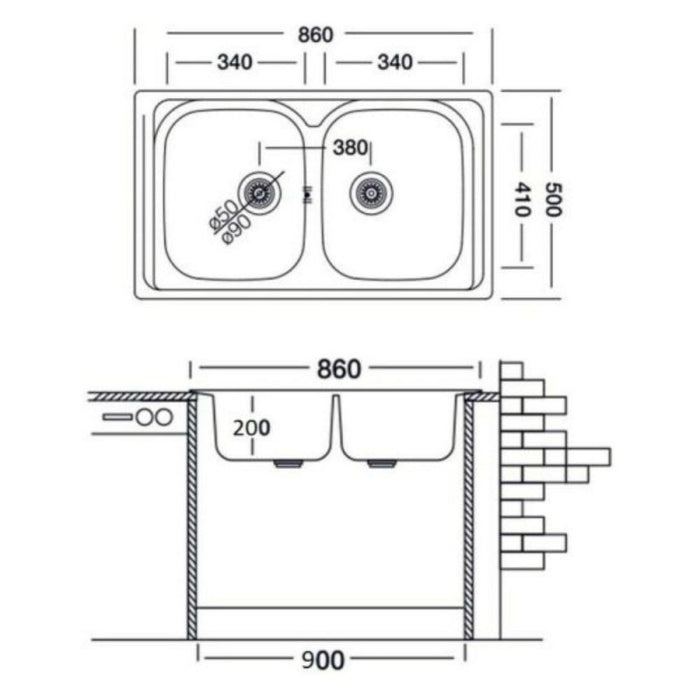 LAVELLO INOX INCASSO 86X50CM 2 VASCHE STAMPATO CON