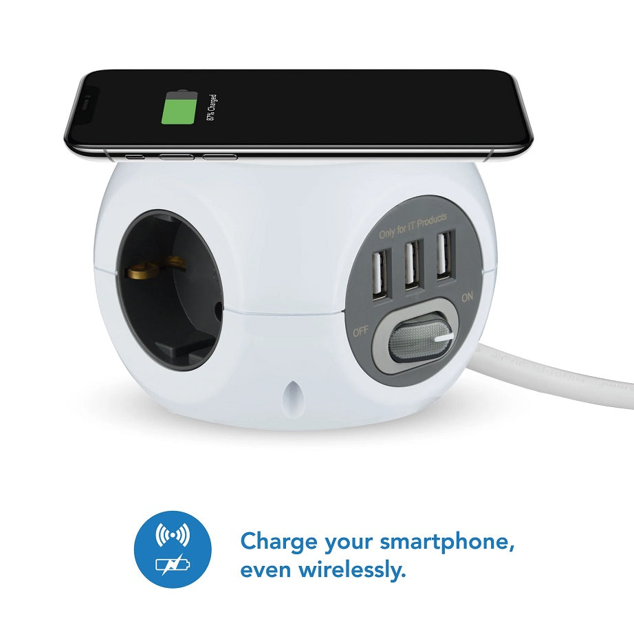 MULTIPRESA CUBO MINICUBE 3 SCHUKO 3 USB E CARICATORE WIRELESS